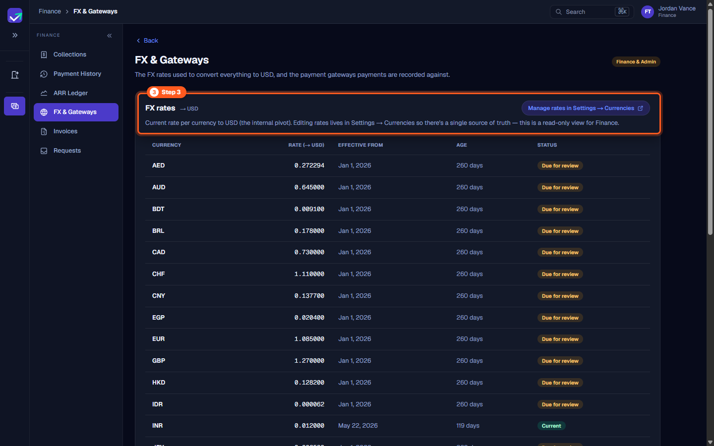 Subheader indicating that rates can be managed in Settings Currencies with single source of truth notice