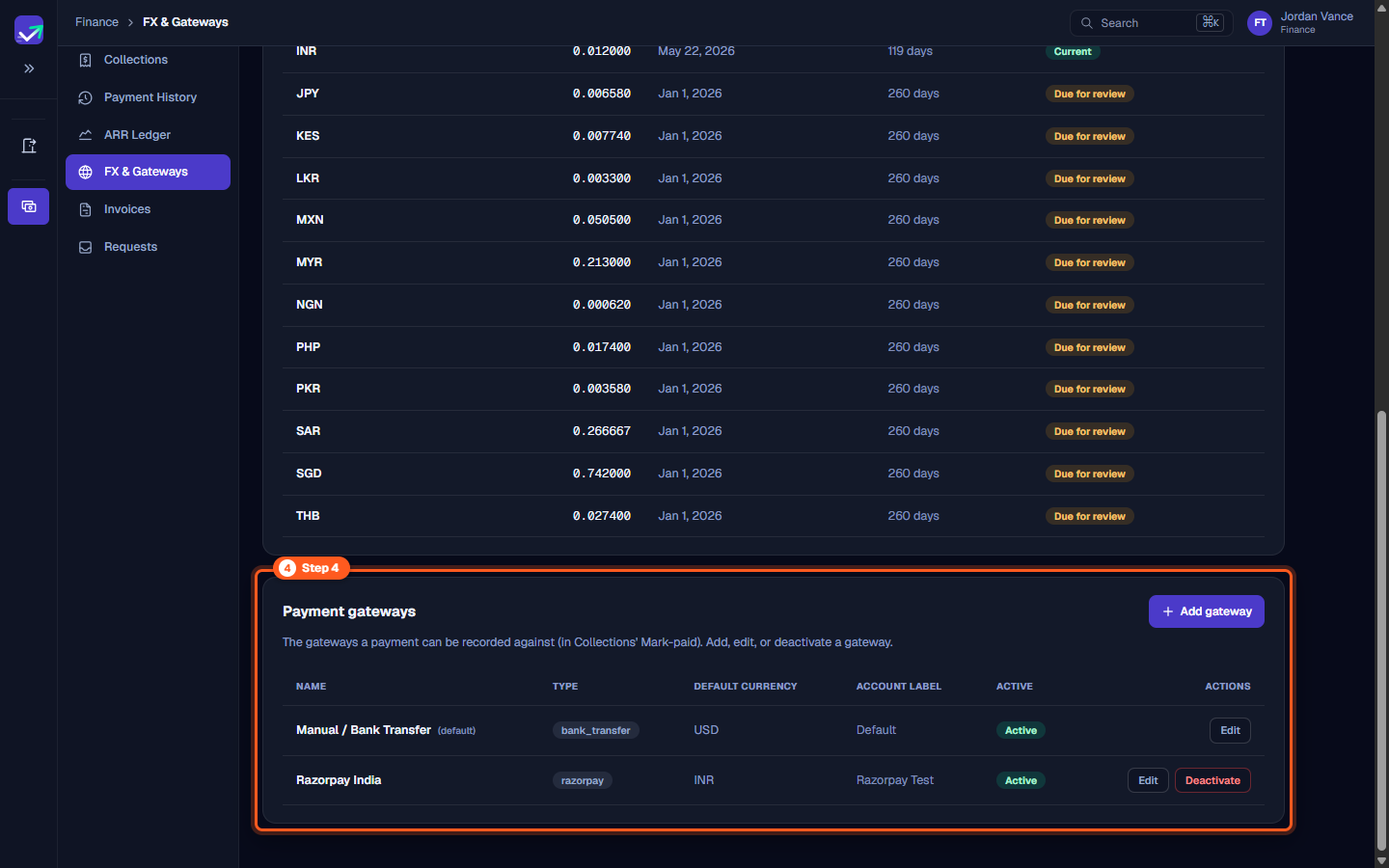 Payment gateways section listing active settlement channels including Bank Transfer and Razorpay
