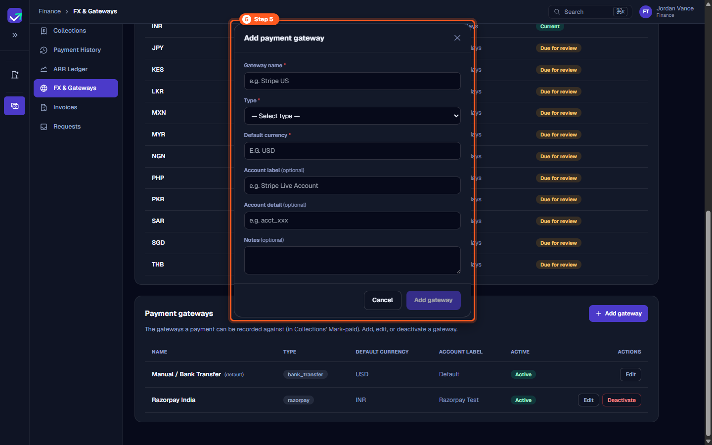 Add payment gateway modal with inputs for gateway name, type, default currency, and account labels