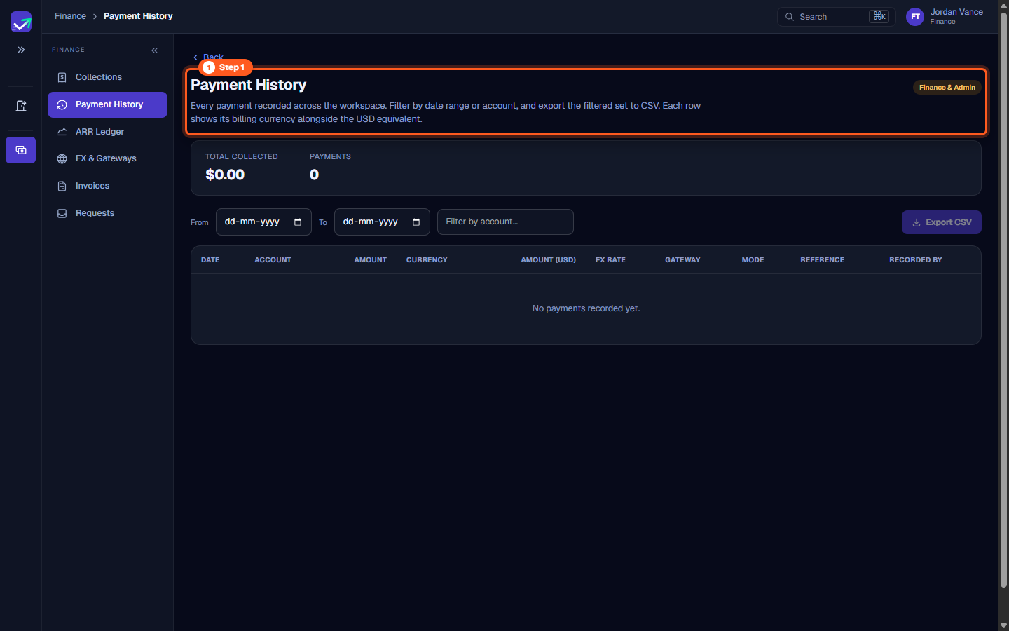 Payment History page header and summary description with Finance and Admin access badge
