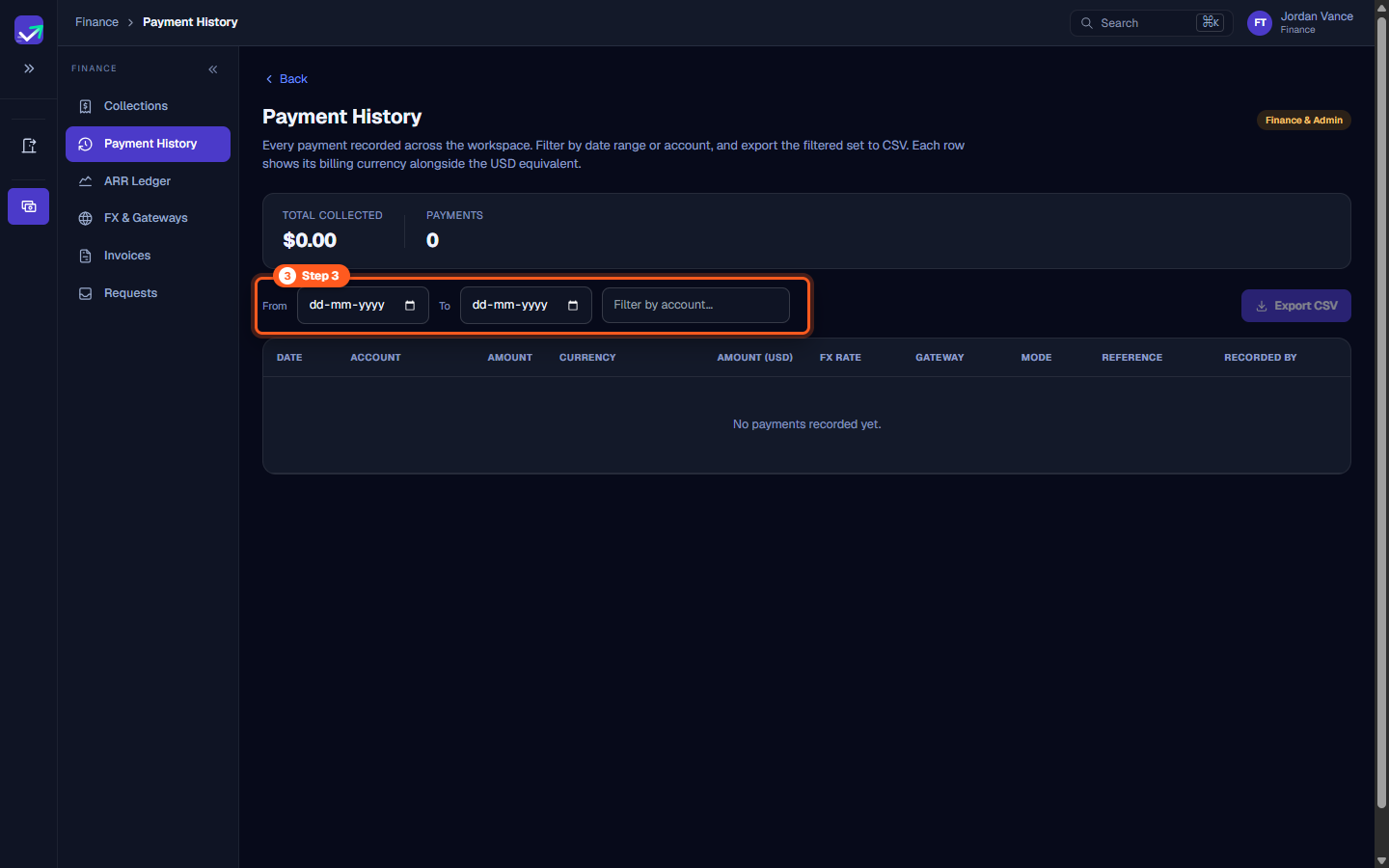 Date range pickers From and To alongside account search input for filtering payments