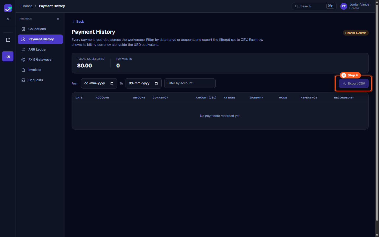 Export CSV button located on the right side of the payment filters toolbar