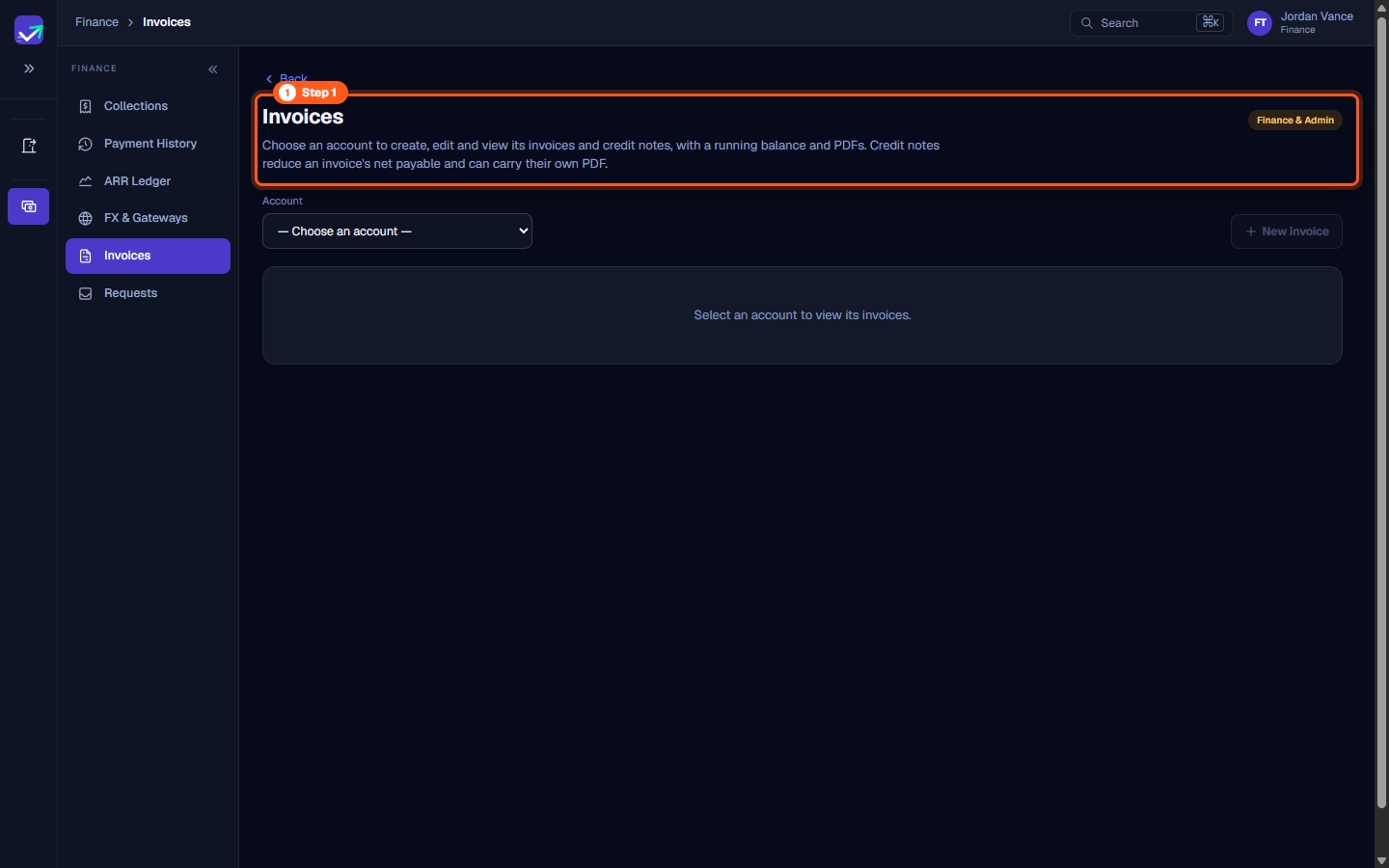 Invoices page header with Finance and Admin badge and account selection prompt