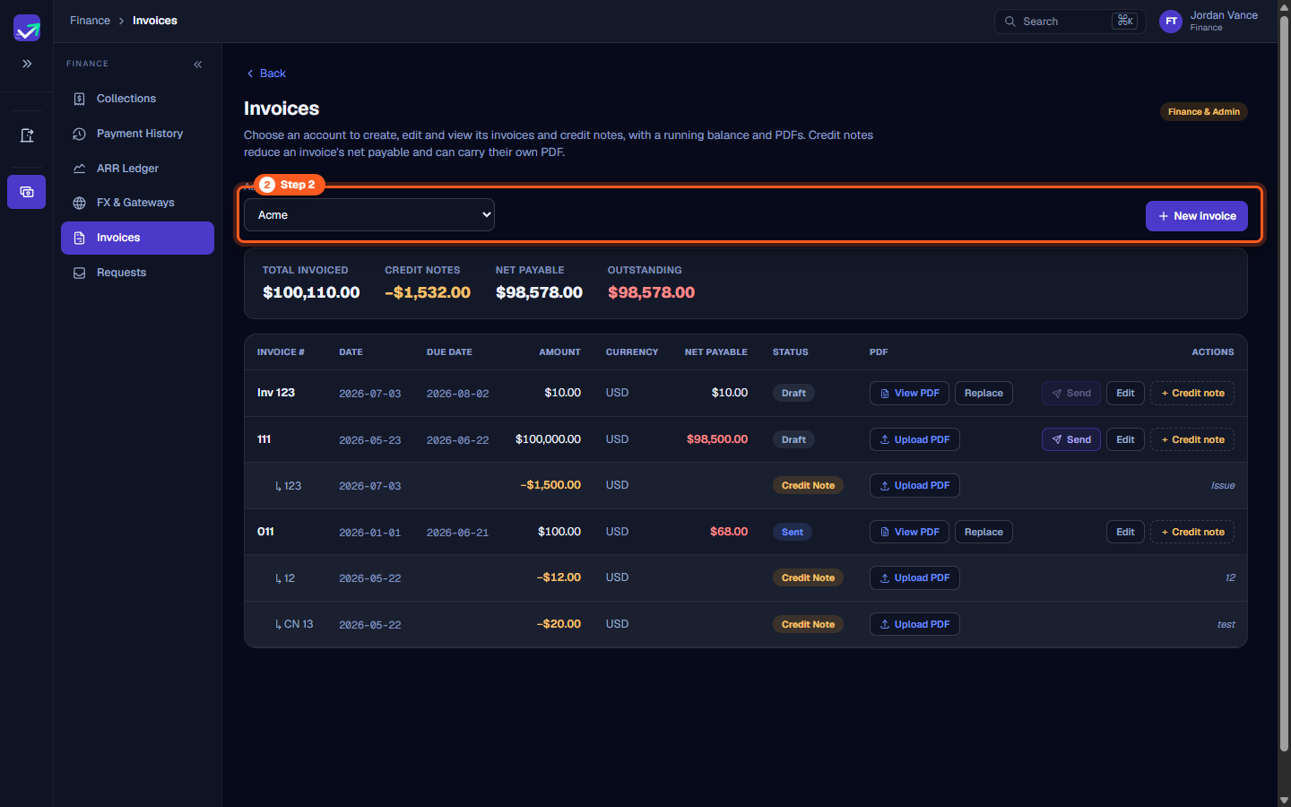 Account selector dropdown with customer organization selected and active New Invoice button
