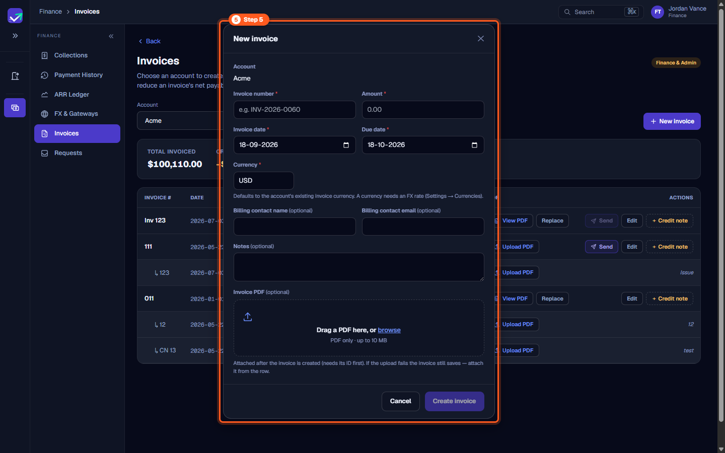 New invoice modal dialog with fields for invoice number, amount, dates, currency, billing contact, and PDF attachment