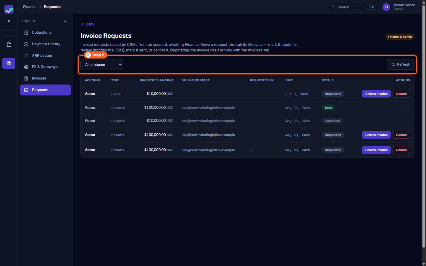 Status dropdown selector showing workflow states and refresh button