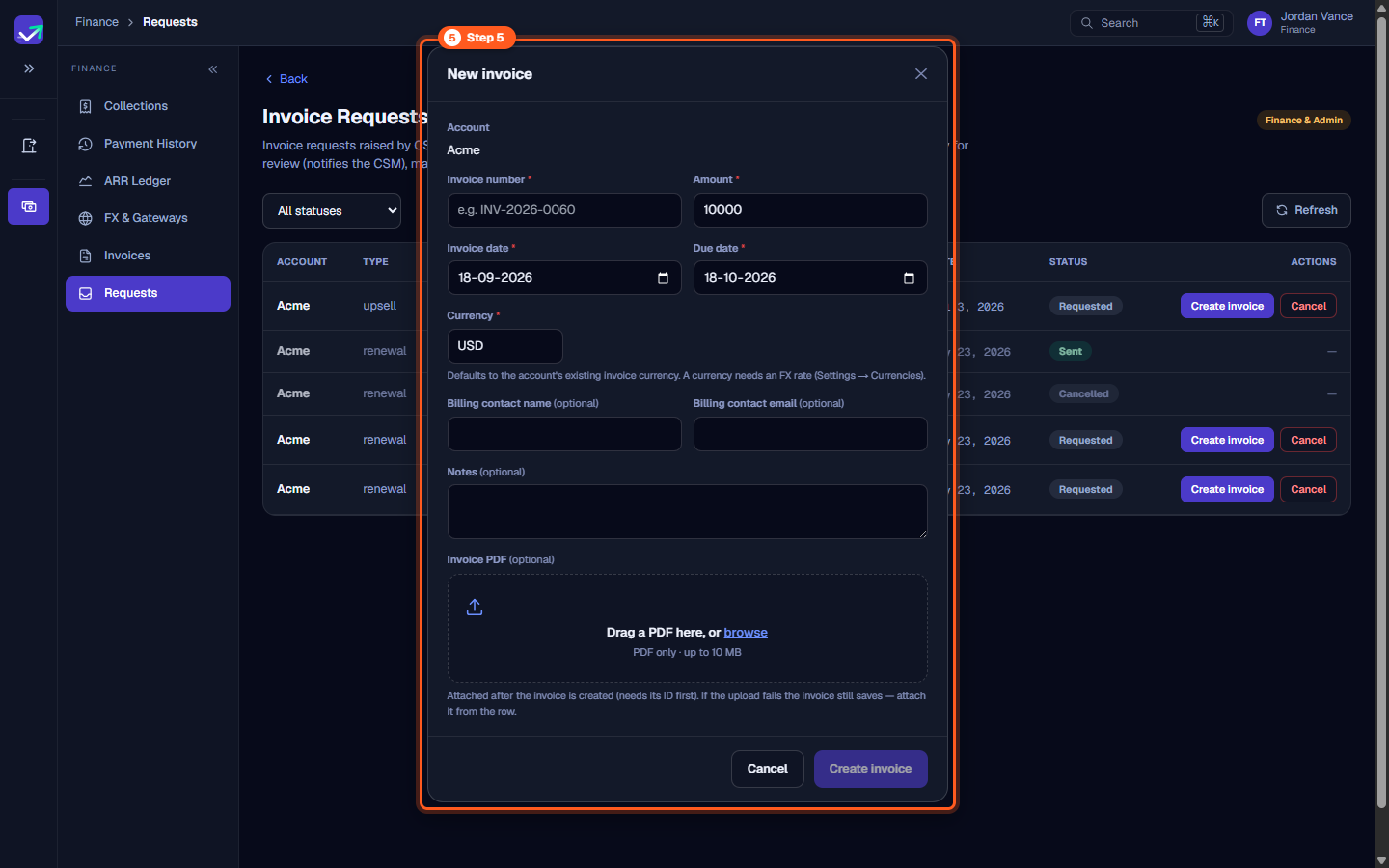 Create invoice modal dialog opened directly from the request row with pre-filled account details