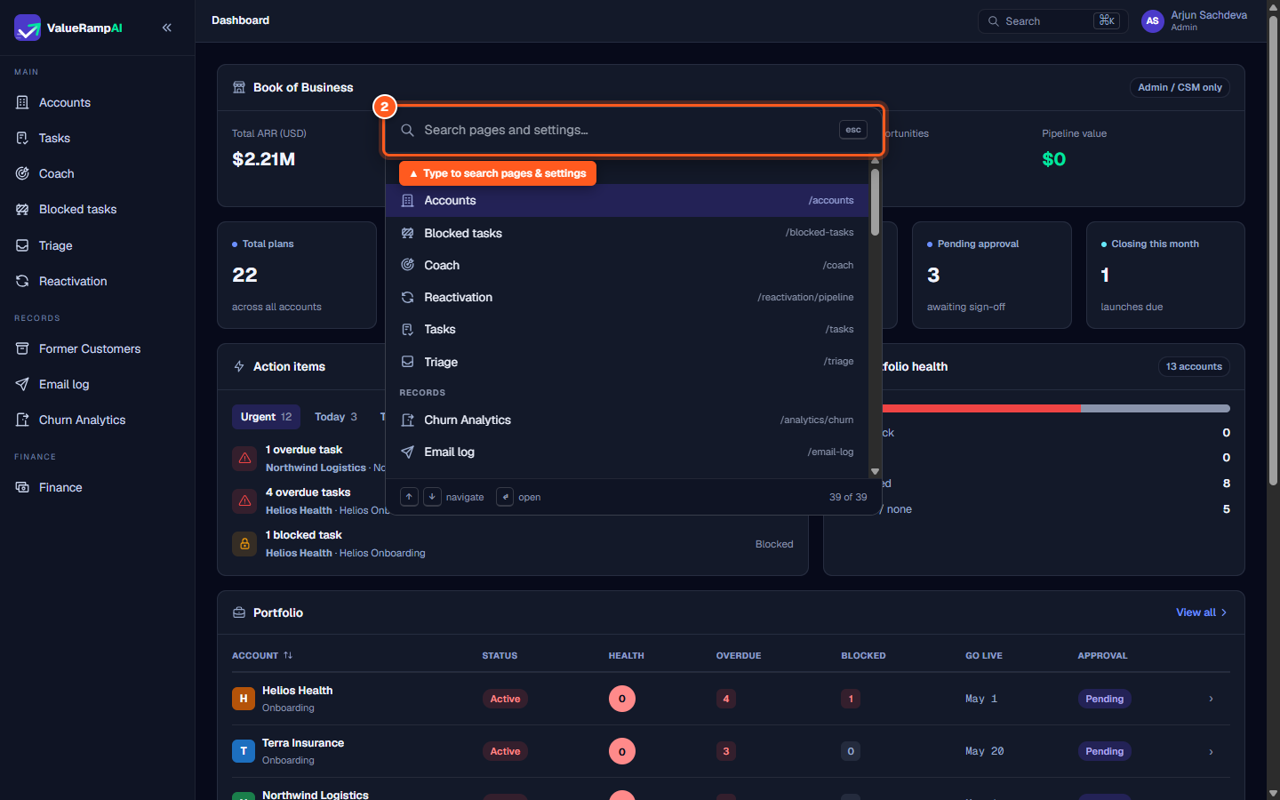 The Command Palette dialog open in the center of the screen with the search input highlighted