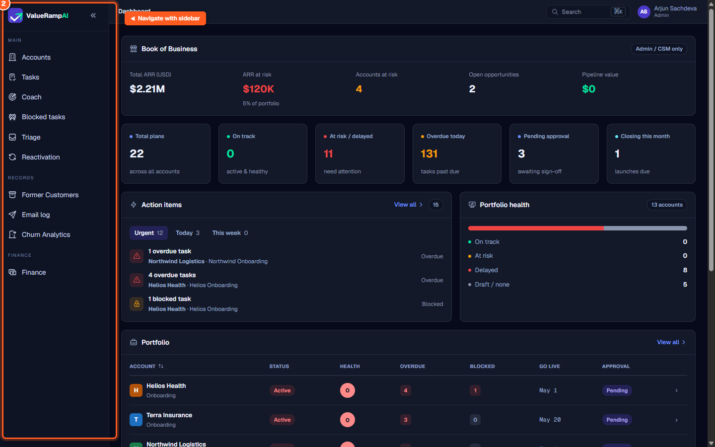 The ValueRamp sidebar highlighting navigation links to Accounts, Tasks, and Settings