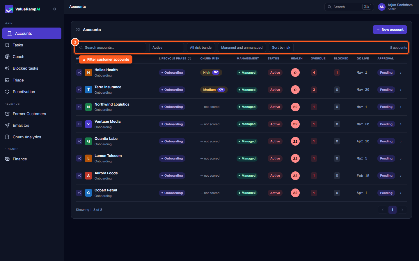 The Accounts screen showing lifecycle filters, status tabs, and the customer portfolio table