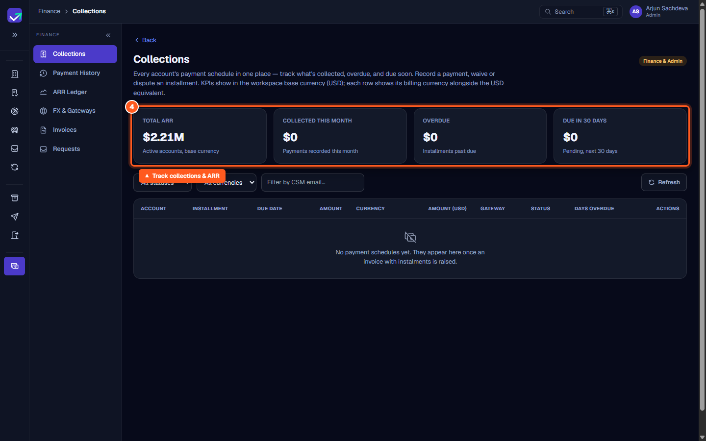 The Finance collections view displaying invoice statuses, payment schedules, and accounting tools