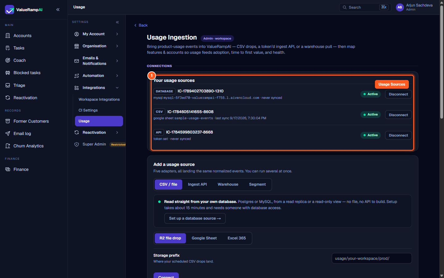 The Usage Ingestion Connections panel showing database, CSV, and API usage sources