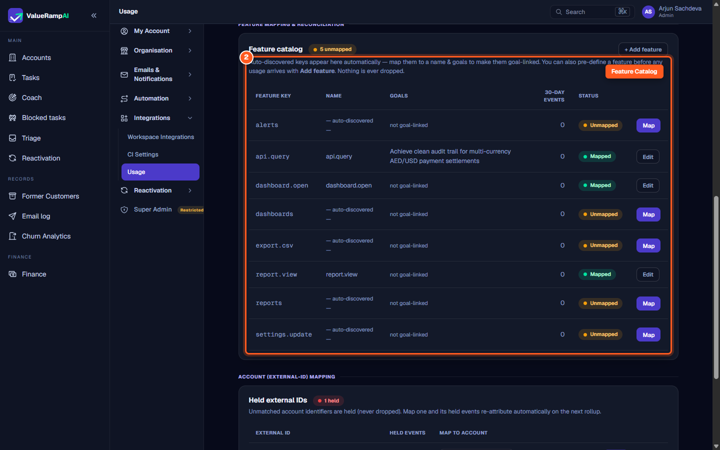 The Feature catalog table listing feature keys, human-readable names, linked goals, and mapping status