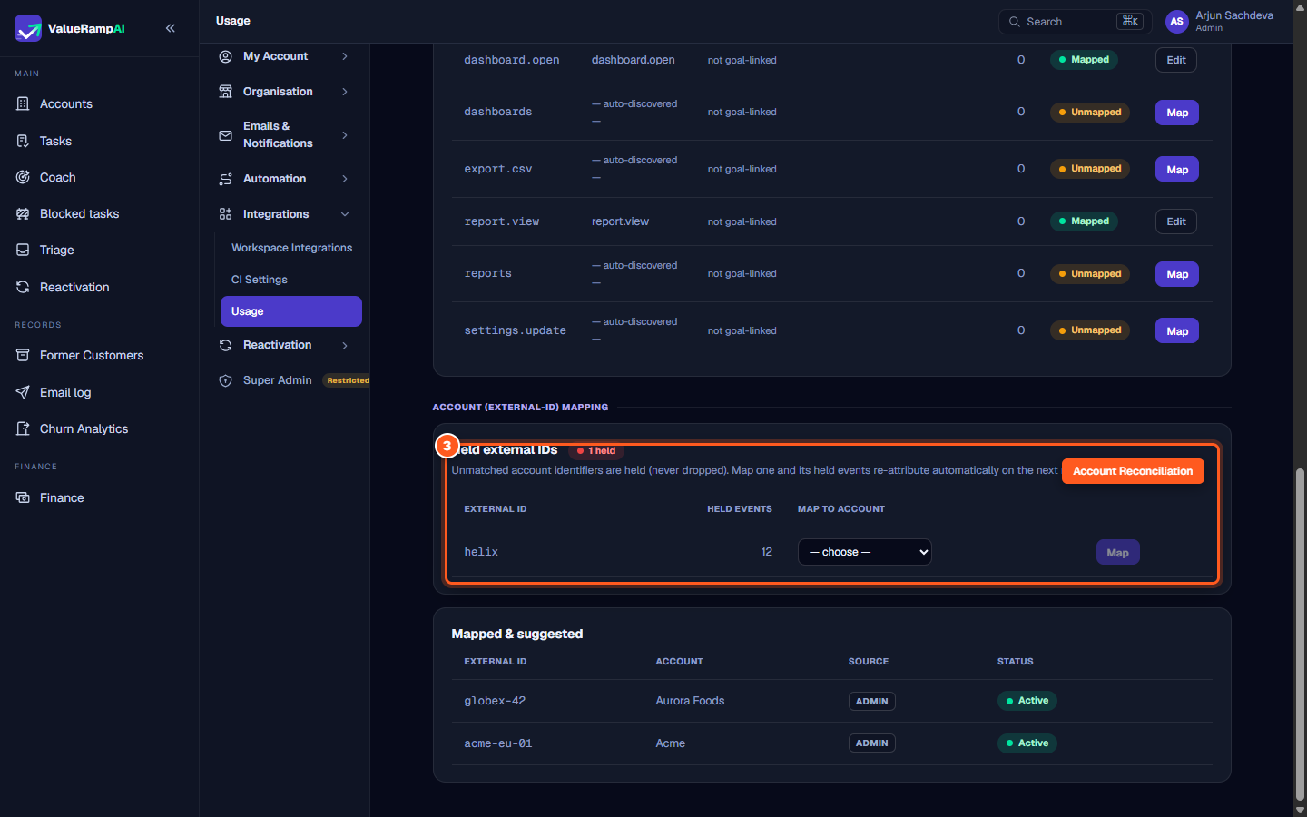 The Held external IDs table showing unmatched account IDs, held event counts, and account selection dropdown