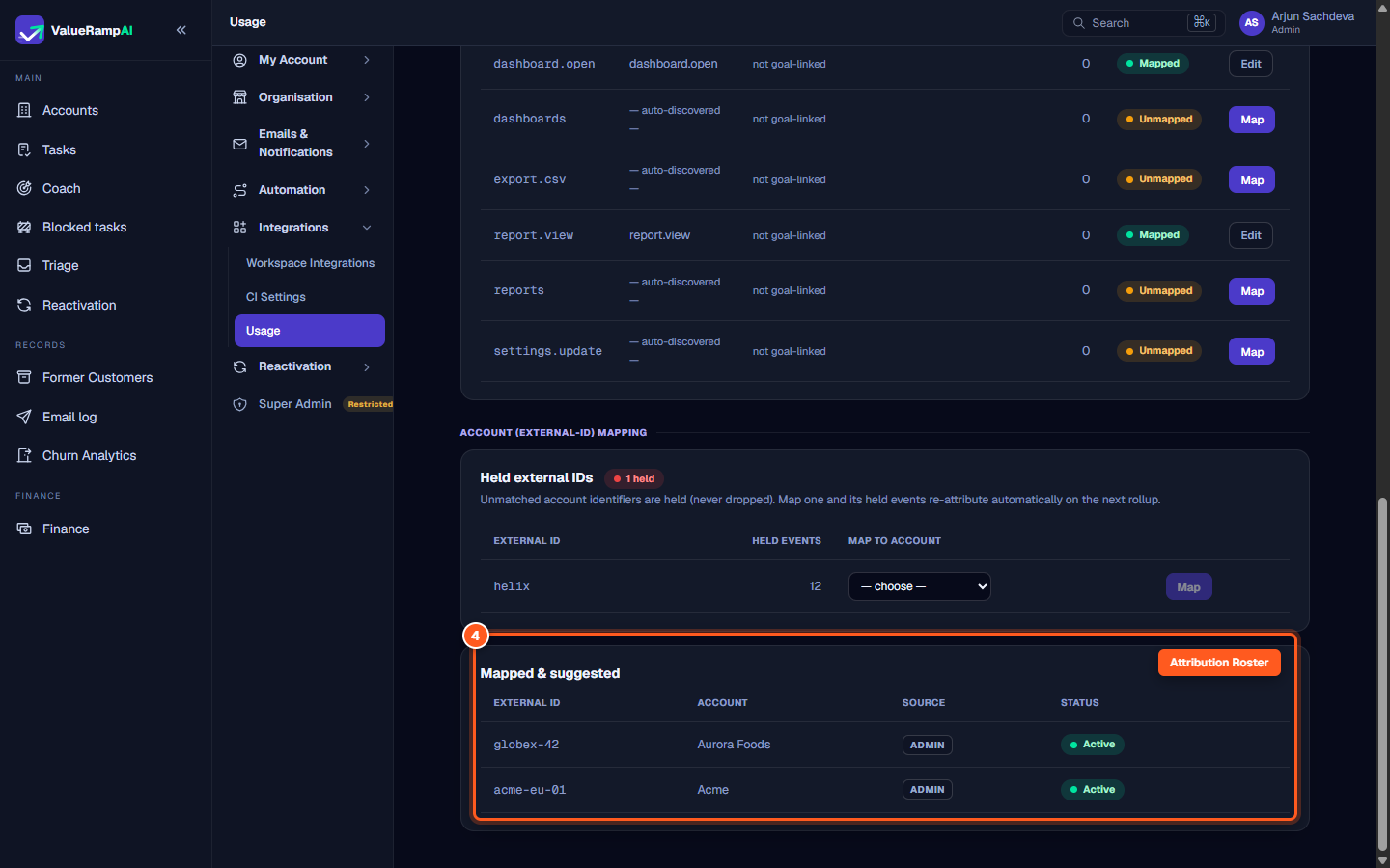 The Mapped and suggested table showing mapped external IDs, customer accounts, and active status