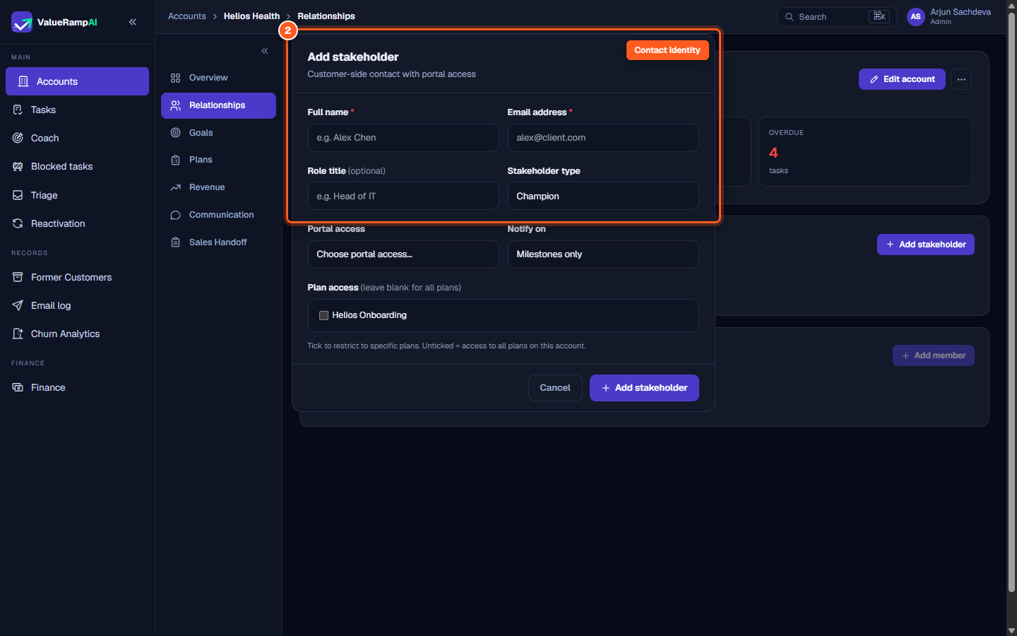The Add stakeholder modal showing input fields for Full name, Email address, and Role title