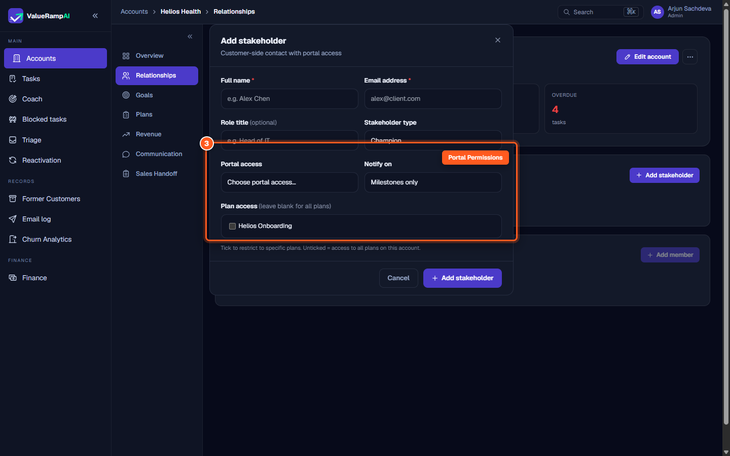 Modal options for Stakeholder type and Portal access levels including Customer and Stakeholder view-only