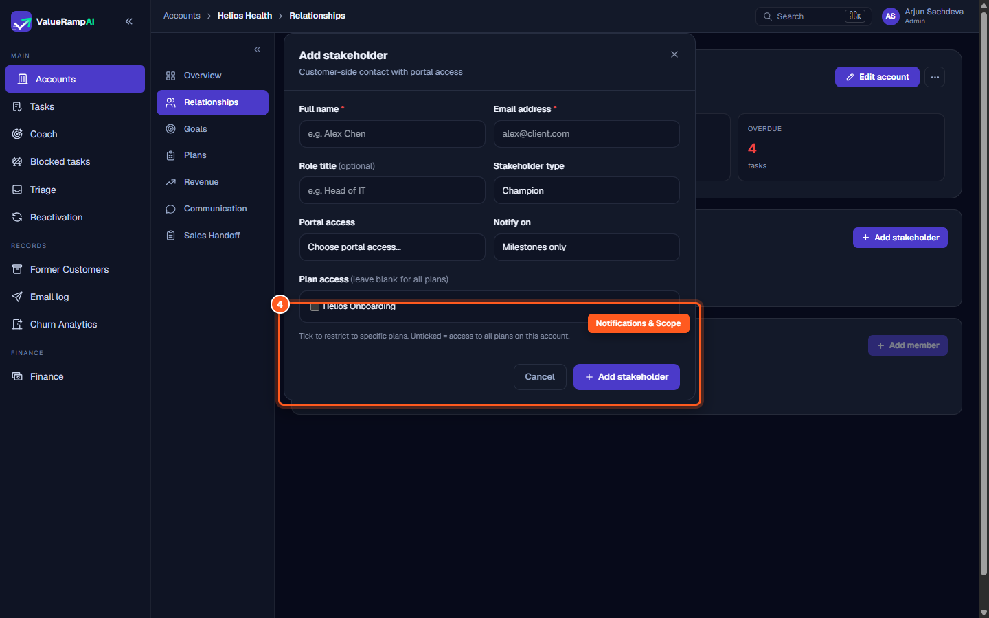Notification frequency settings and plan access checkboxes in the Add stakeholder modal