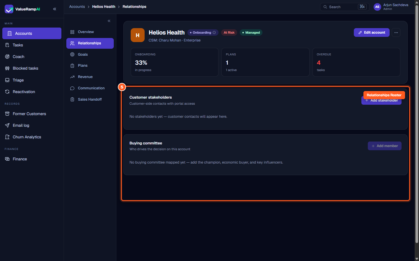 The Customer stakeholders table displaying portal access tier, notification status, and buying committee alignment