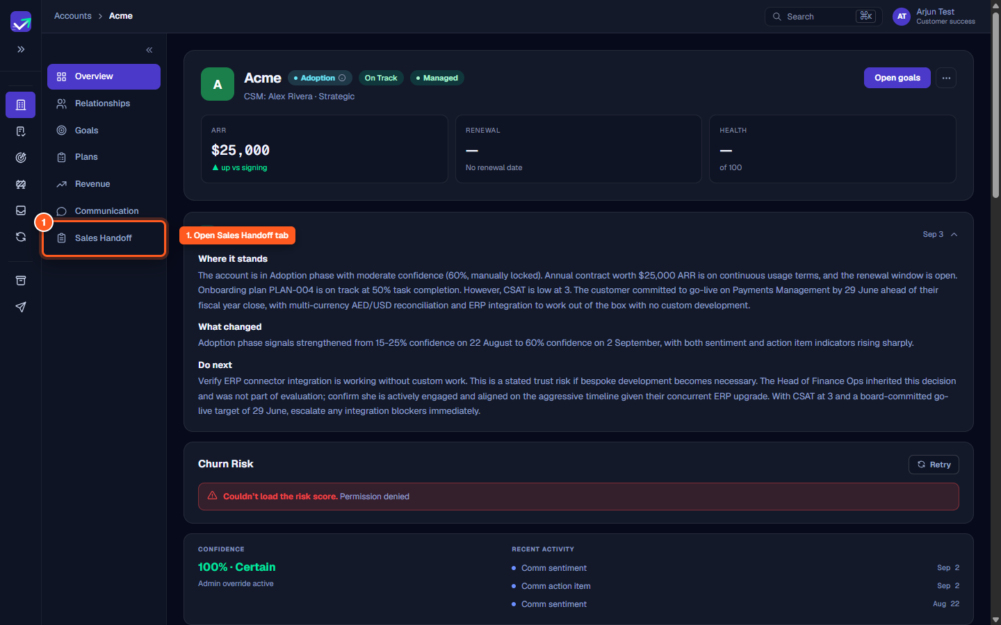 Account overview screen highlighting the Sales Handoff sub-navigation link
