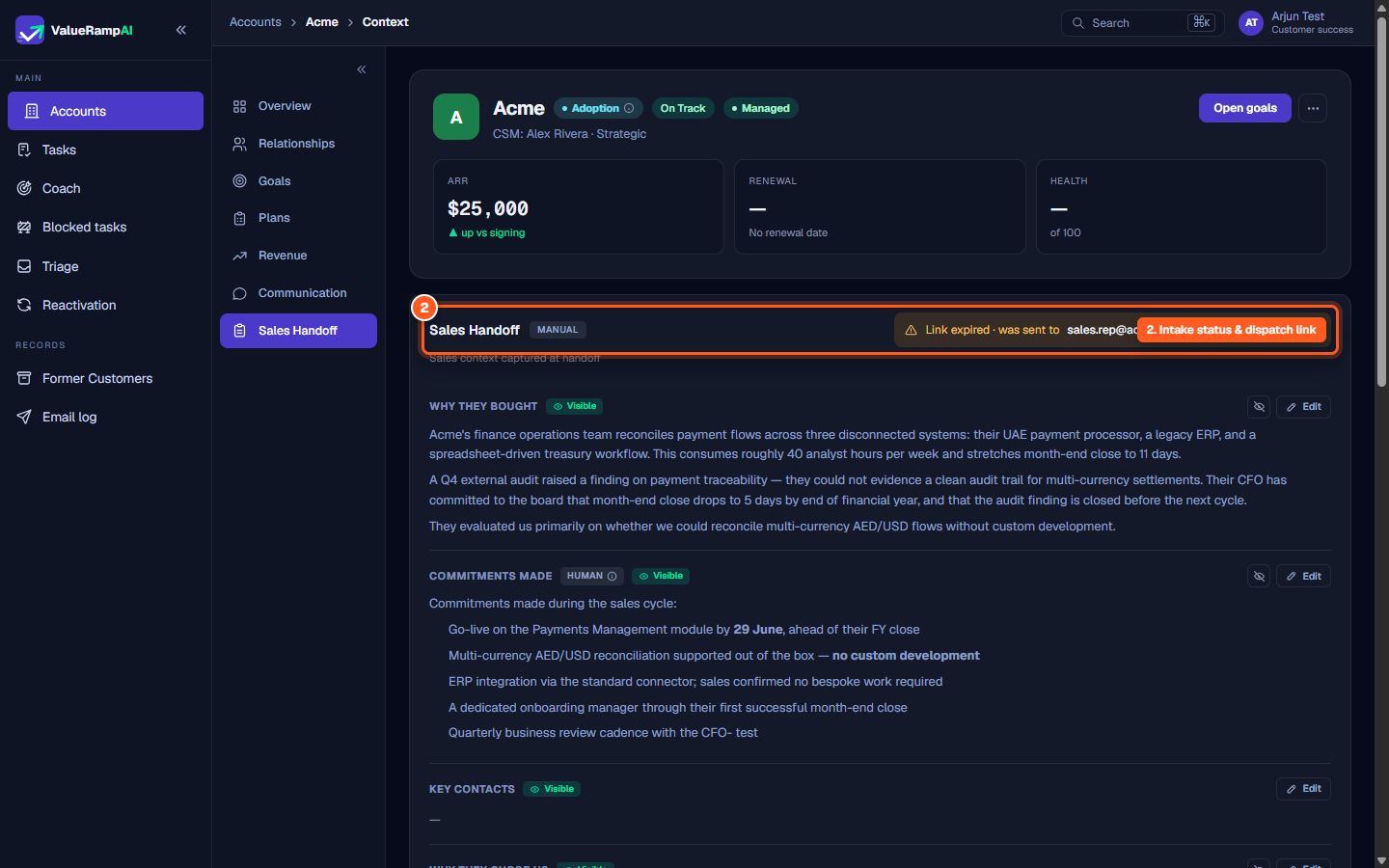 Sales handoff intake card showing manual entry status and resend link action