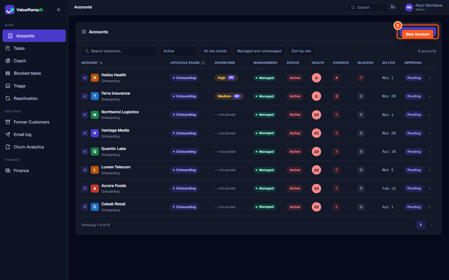 The Accounts directory showing customer accounts across lifecycle phases and the New account button
