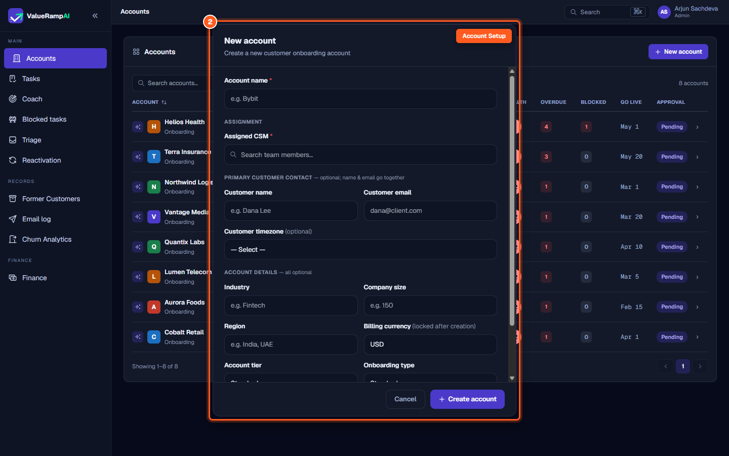 The New account creation modal with fields for account name, assigned CSM, primary contact, and tier