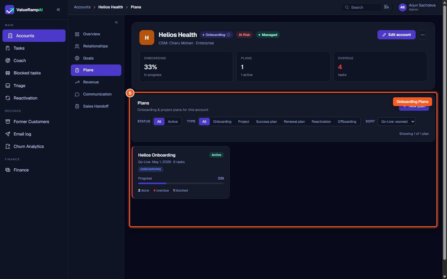 The Plans tab displaying the active onboarding plan, target go-live date, and progress breakdown