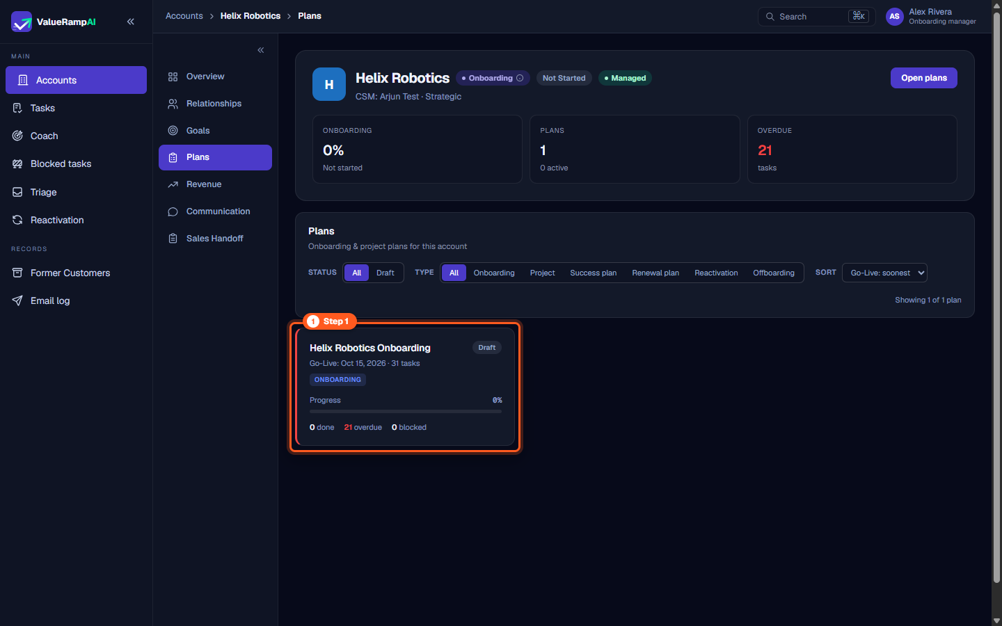Account Plans directory showing active onboarding plan card with go-live target and task counts