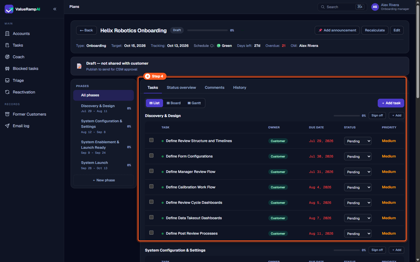 Plan tasks workspace listing deliverables, assigned owners, due dates, and status toggles