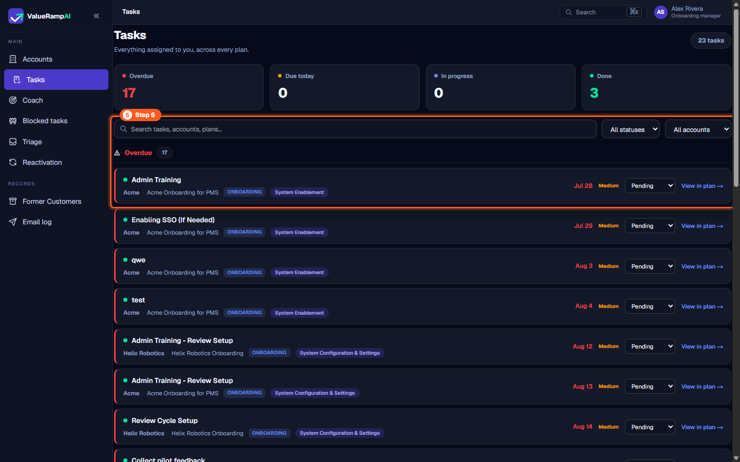 Centralized Tasks list showing multi-account deliverables with status filters and overdue warnings