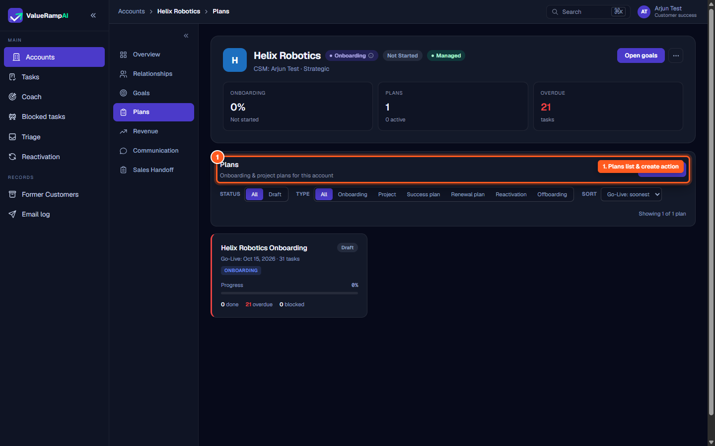 Account Plans screen displaying existing plans, filter bar, and the New plan button