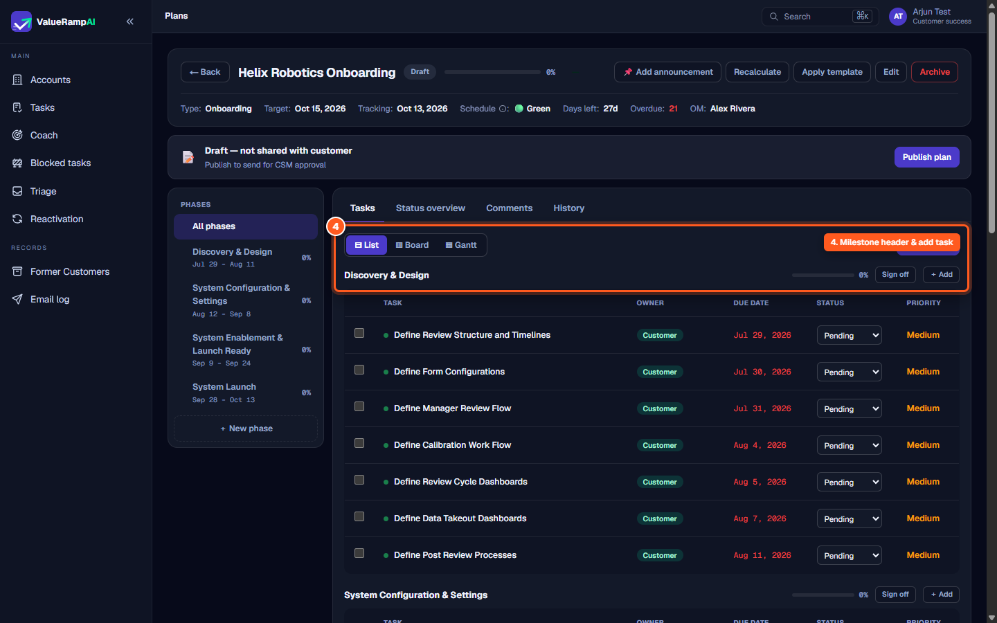 Plan toolbar with view toggles, Add task button, and milestone sign-off controls