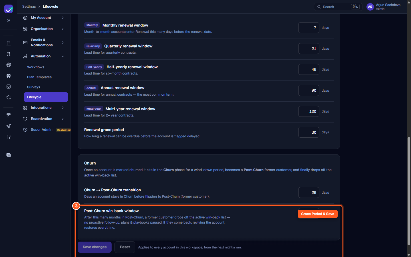 Renewal grace period input and Save changes button in Lifecycle settings