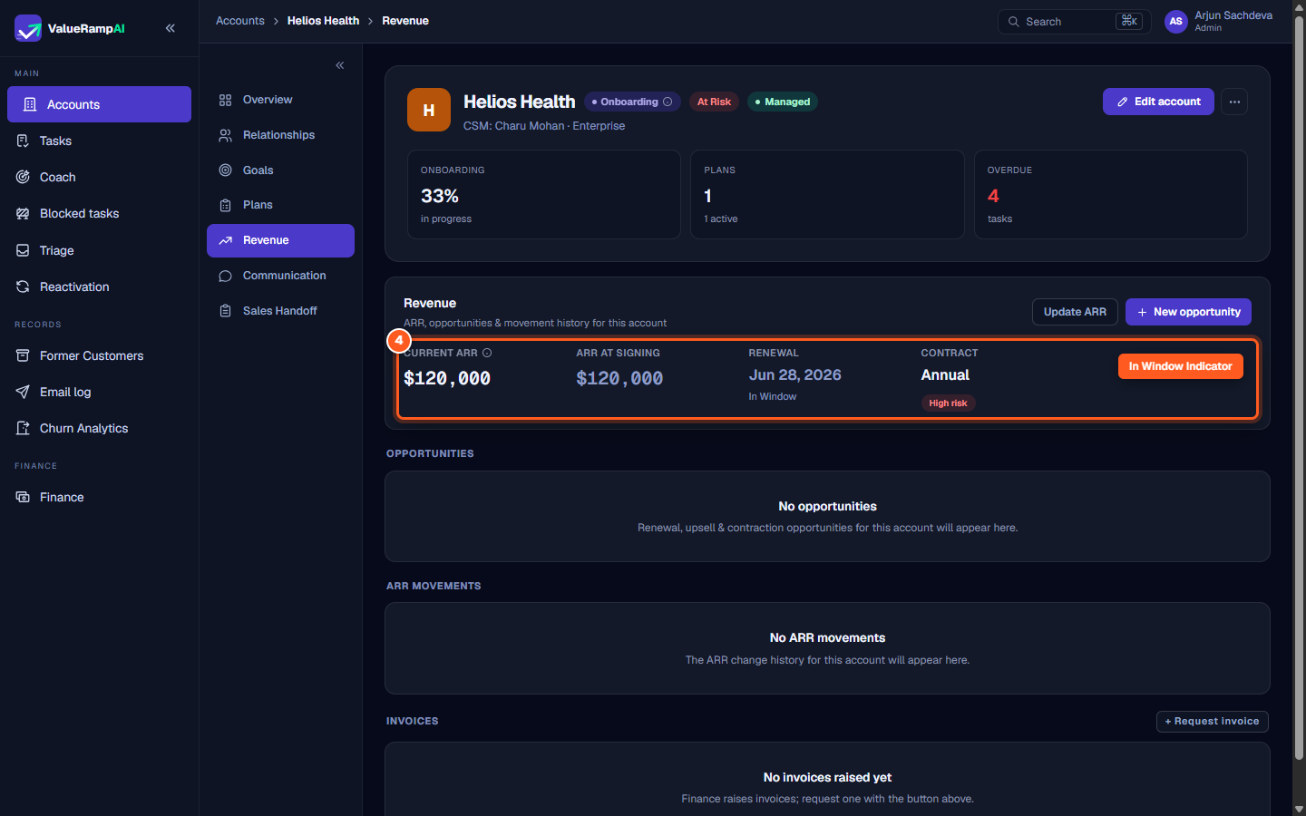 Account Revenue tab displaying current ARR, renewal date, and the In Window indicator badge
