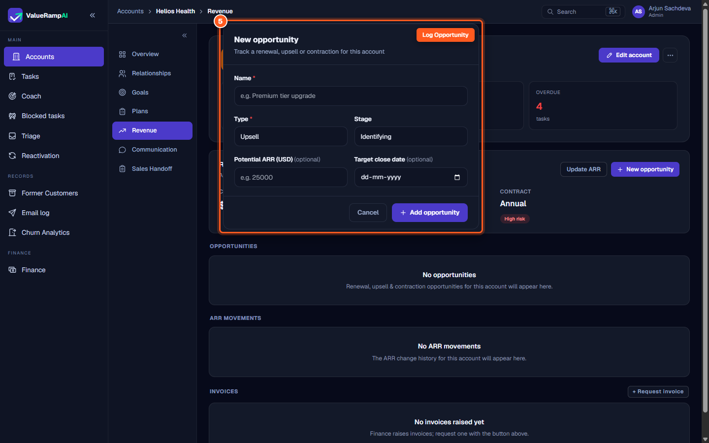 The New opportunity modal configured for Renewal tracking with stage, ARR, and close date fields