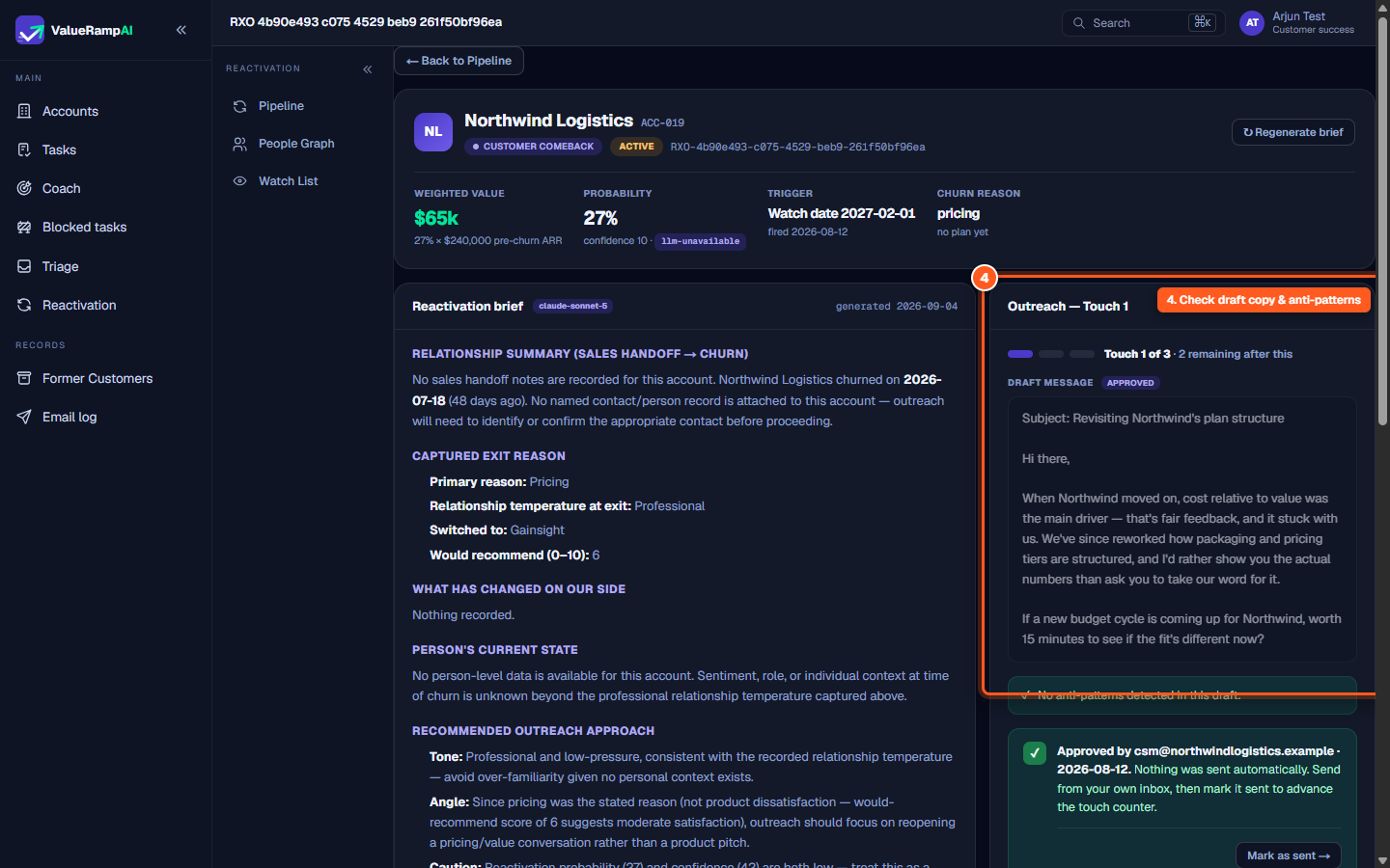 Outreach card showing pre-drafted email, subject line, and anti-pattern status