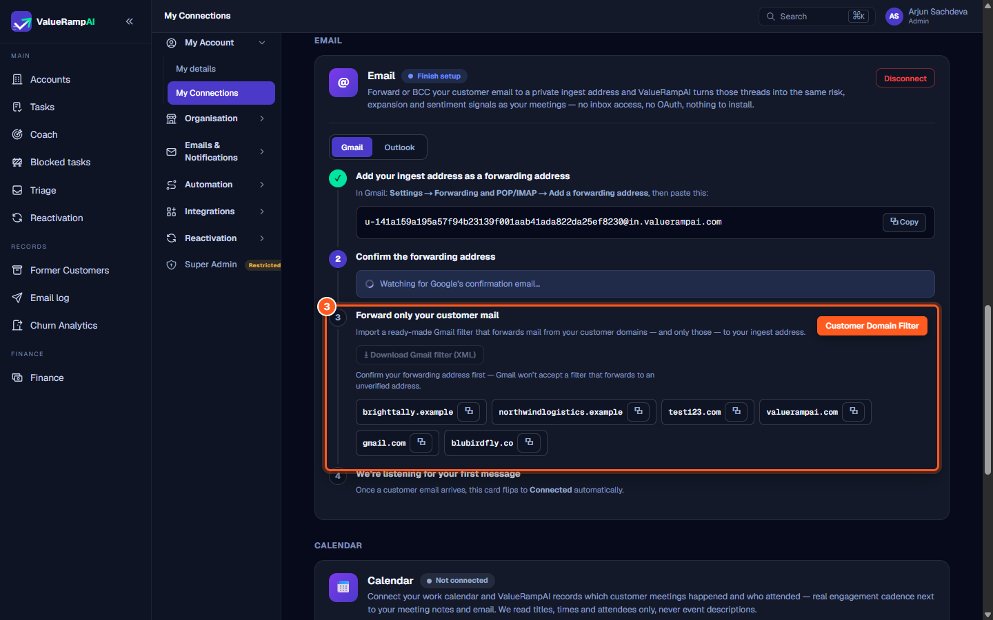 The customer domain filter download button with list of verified workspace domains