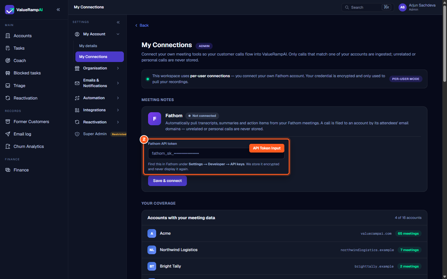 The Fathom API token input field with developer settings guidance