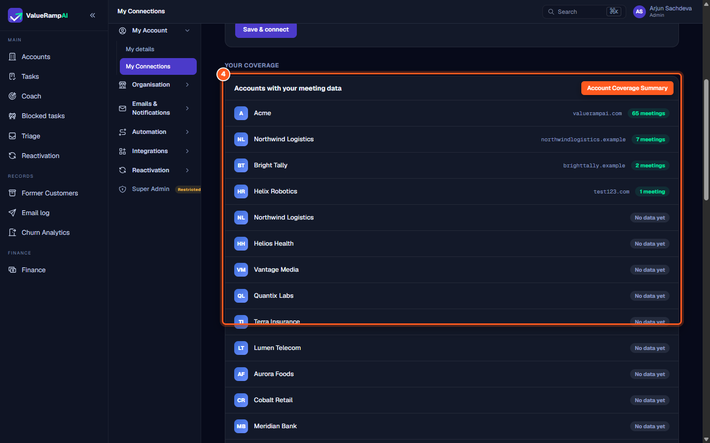 The Your Coverage table listing matched customer accounts and total meeting counts