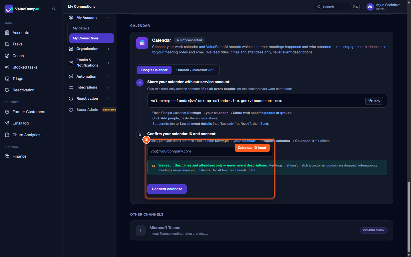 Calendar ID input field with placeholder and Connect calendar button
