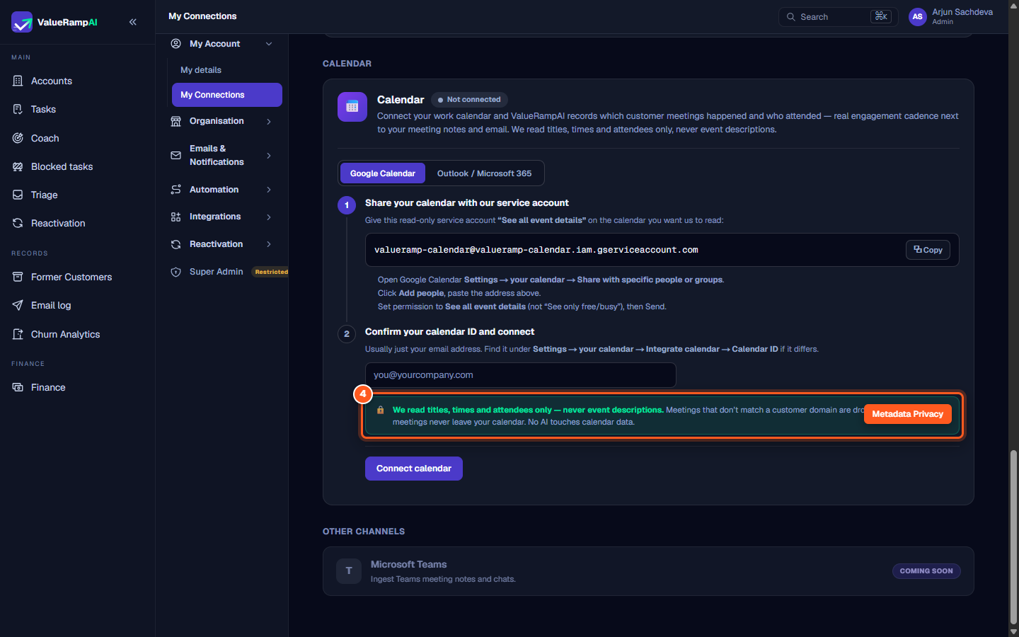 Privacy block explaining that only event titles, times, and attendees are read, while descriptions are ignored
