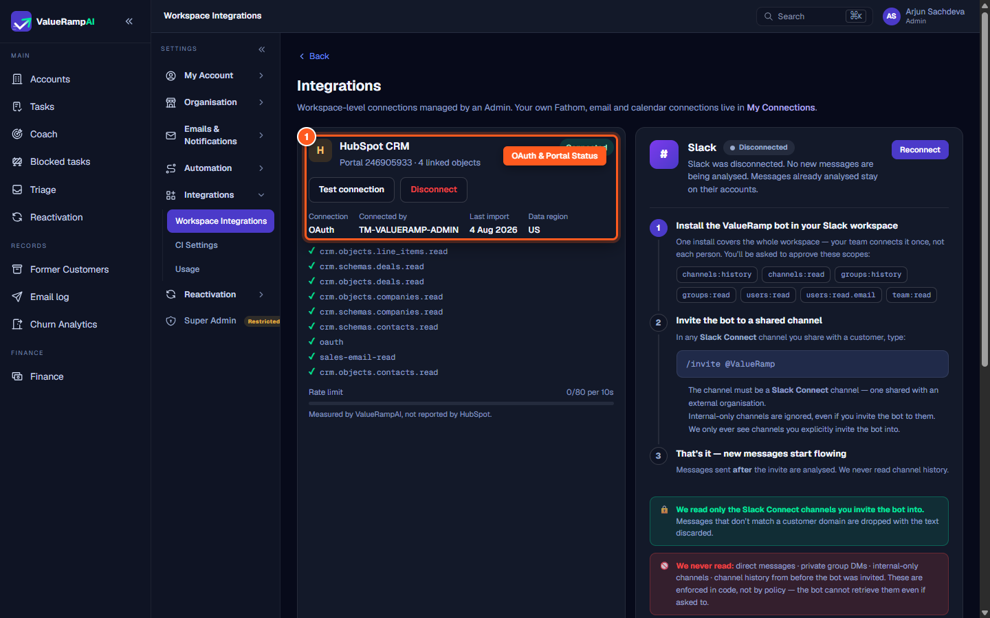 The HubSpot CRM card on /integrations showing OAuth connection, Portal ID 246905933, and Connected badge