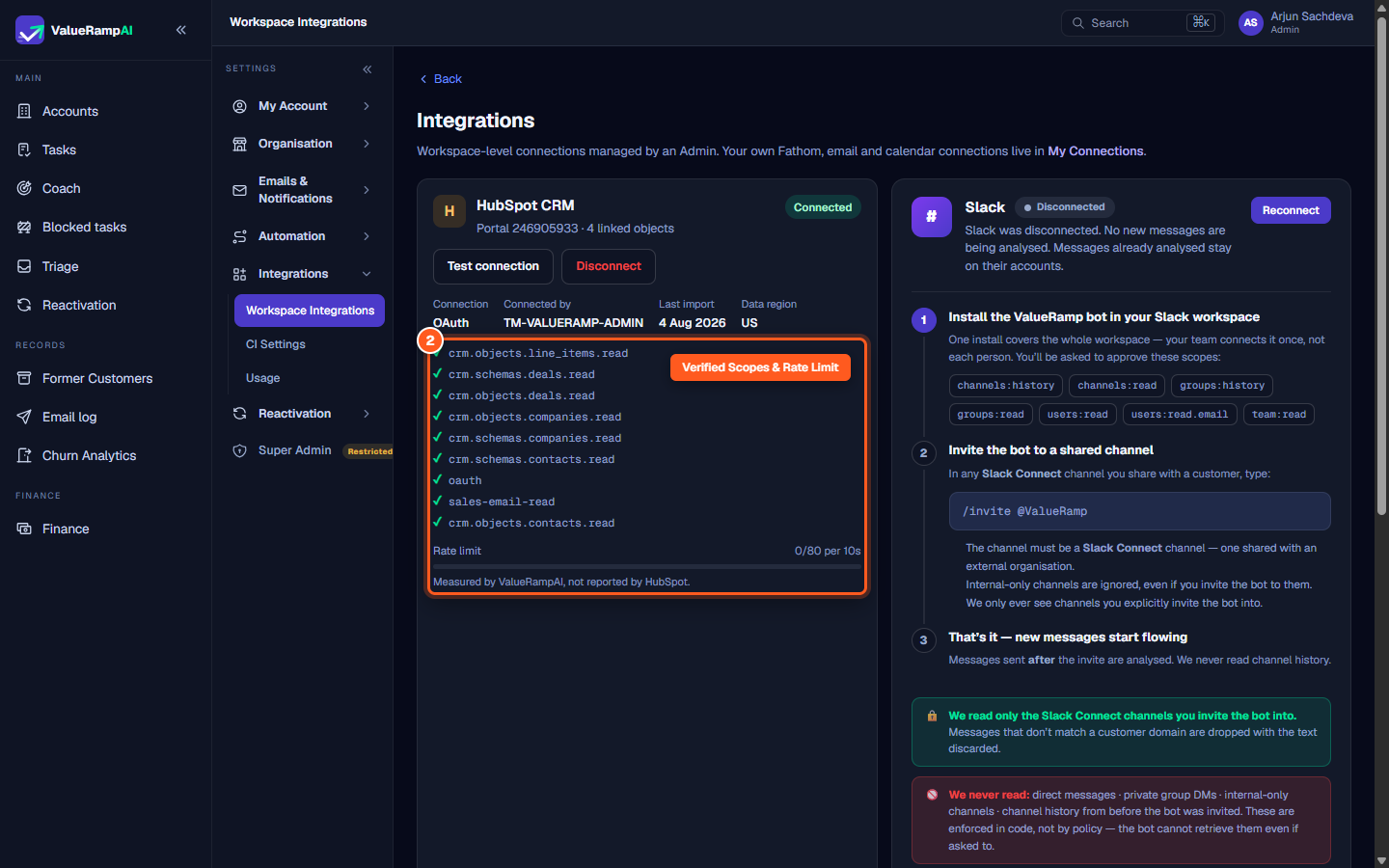 The granted scopes list and 0/80 rate limit progress meter for HubSpot API calls