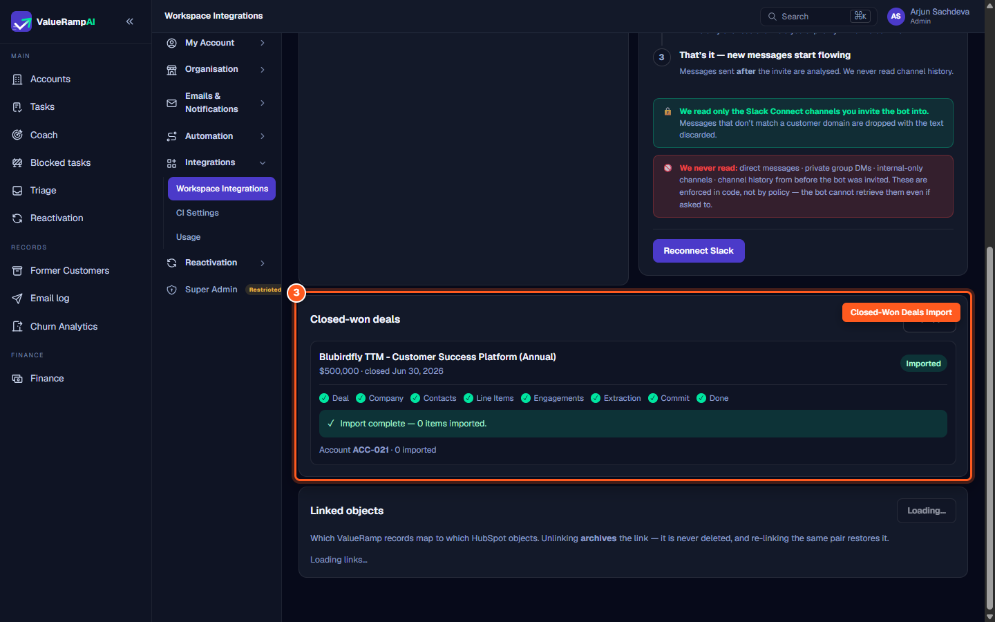 The Closed-won deals panel showing deal selection, stage stepper, and extraction completion summary