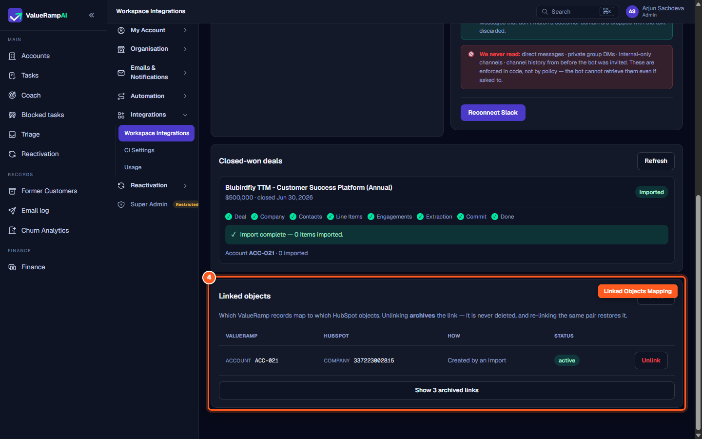 The Linked objects table displaying ValueRamp account to HubSpot company mappings and unlink controls