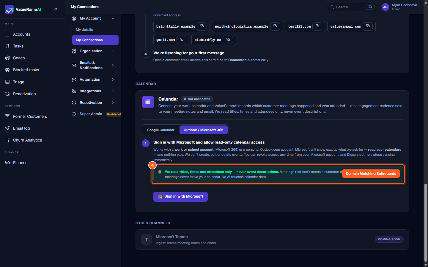 Privacy block explaining that only event titles, times, and attendees are read, while descriptions are ignored