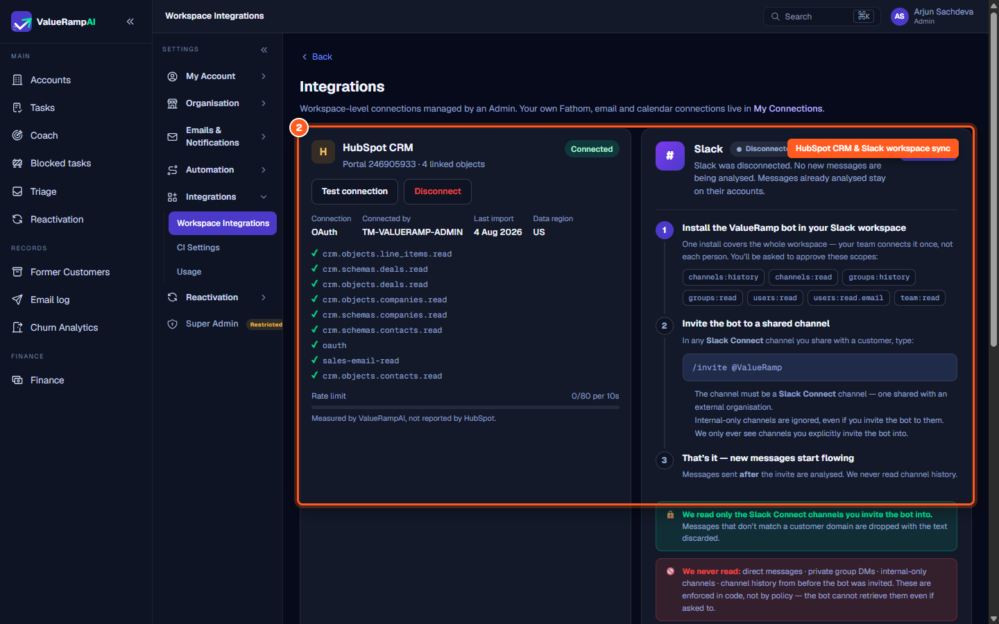 The Integrations grid featuring HubSpot CRM sync status and Slack Connect channel setup