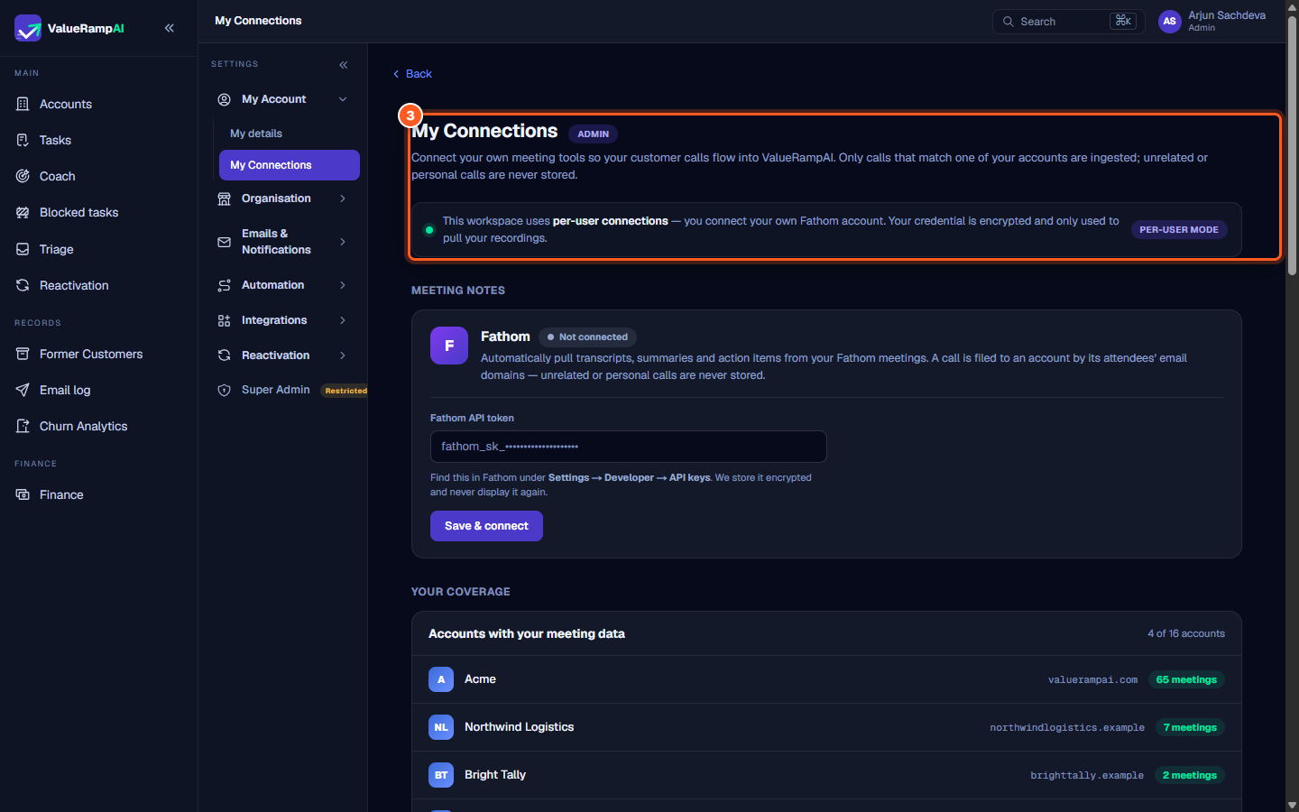 The My Connections page header explaining per-user meeting and communication tool connections