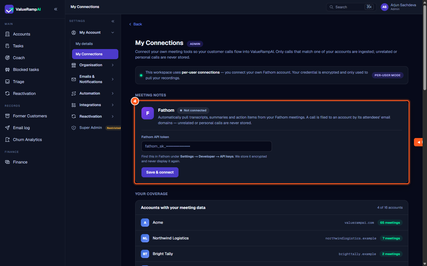 The Fathom meeting notes card with API token input and account coverage overview